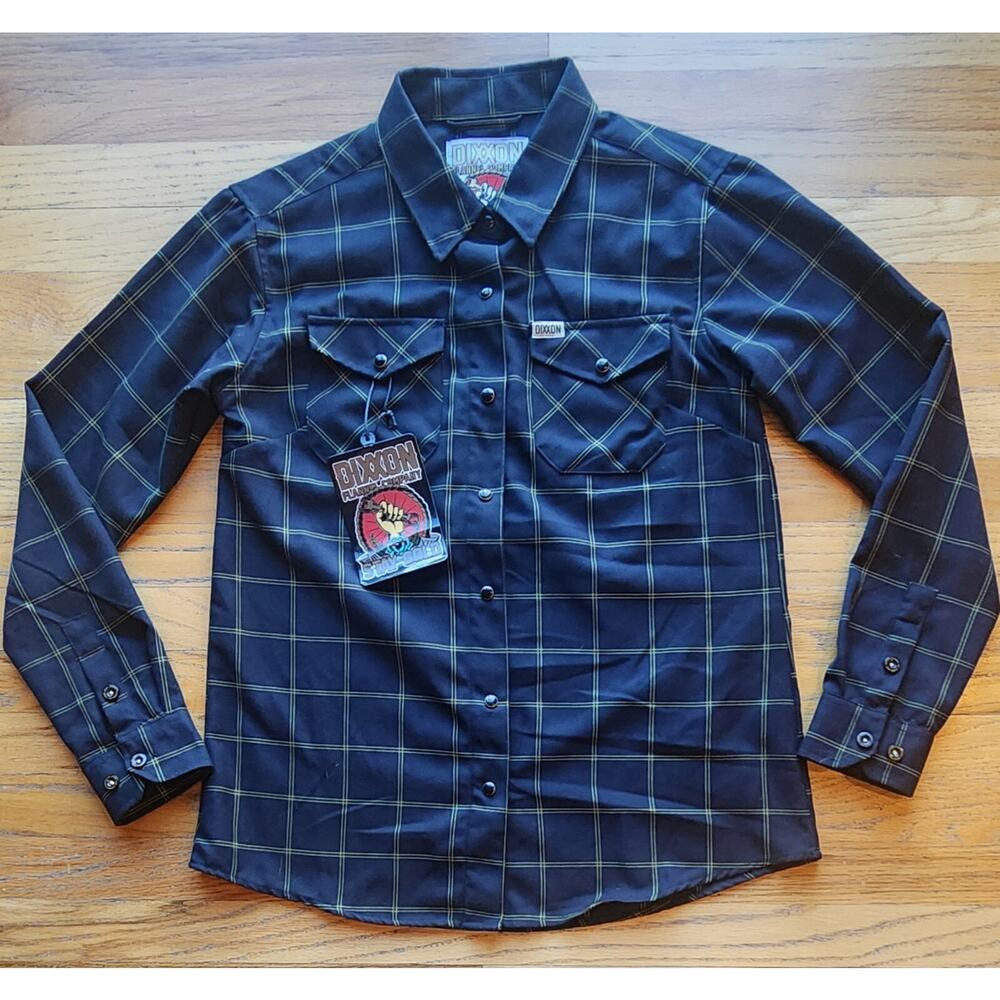 Dixxon Flannel Large Stay Gold Black and Yellow Plaid Snap Buttons Long Sleeve